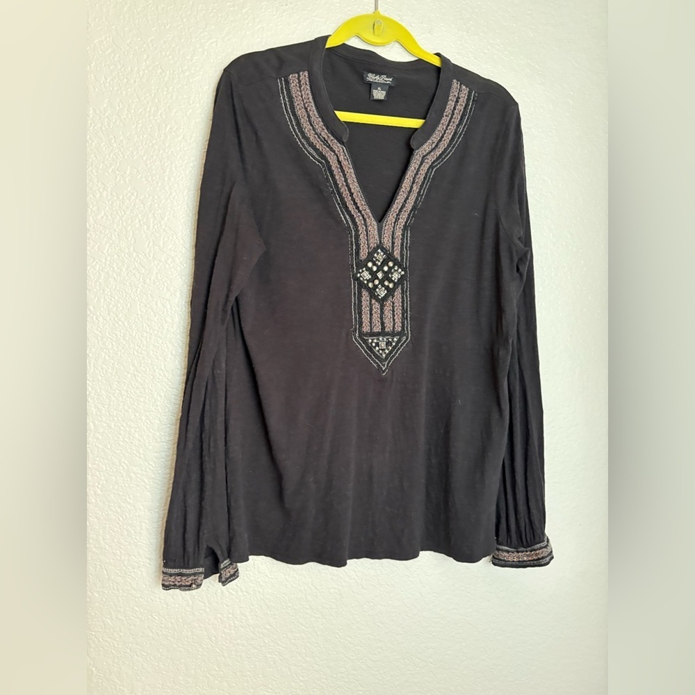 Lucky Brand Y2K long Sleeve embellishment v neck women top XL Black beads boho - Picture 2 of 10